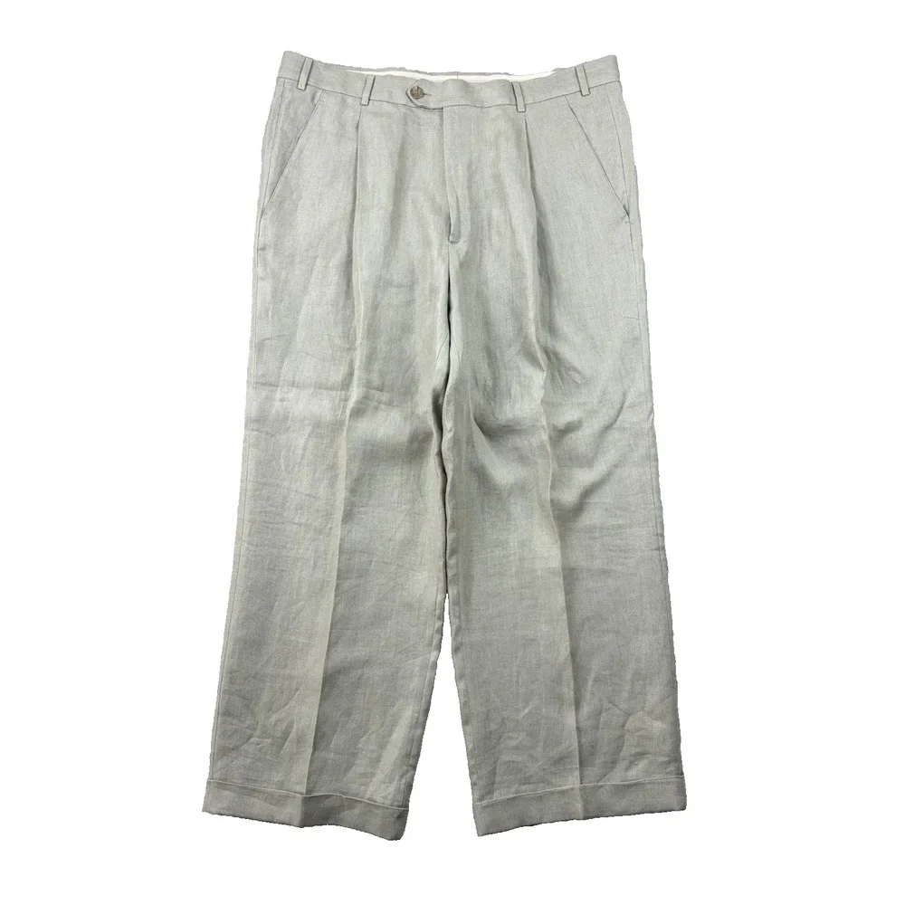 Ermenegildo Zegna Pants Mens 40x29 Beige Linen Pleated Cuffed High Rise Trousers